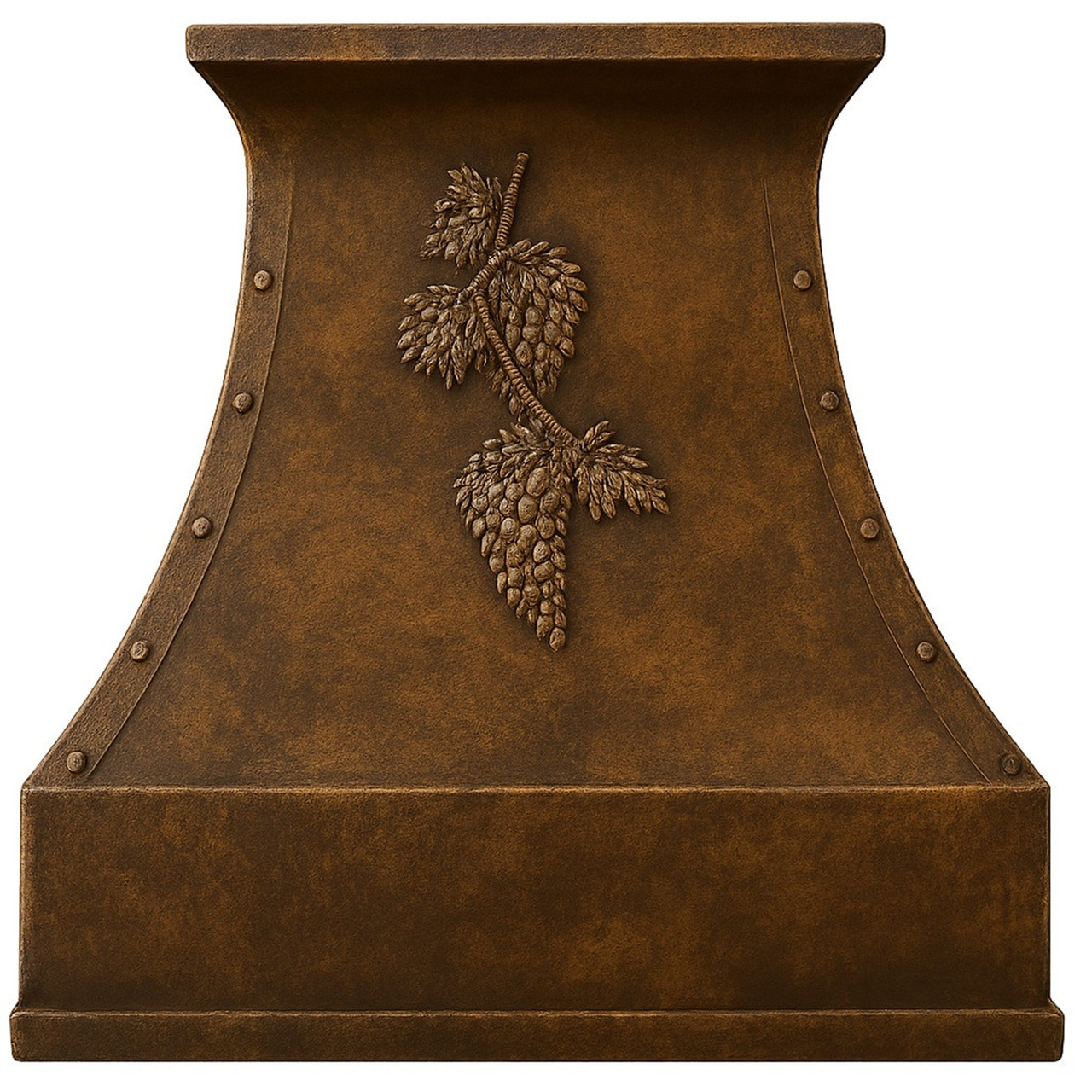Vineyard bell copper range hood with grapevine relief in a Mediterranean villa kitchen