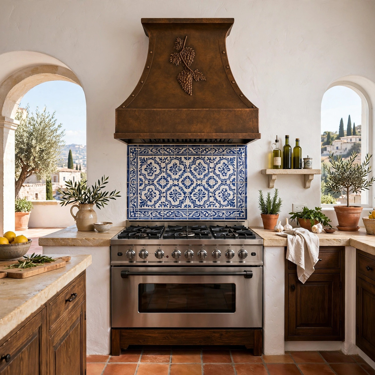 Mediterranean villa kitchen with vineyard bell copper range hood and warm hammered finish