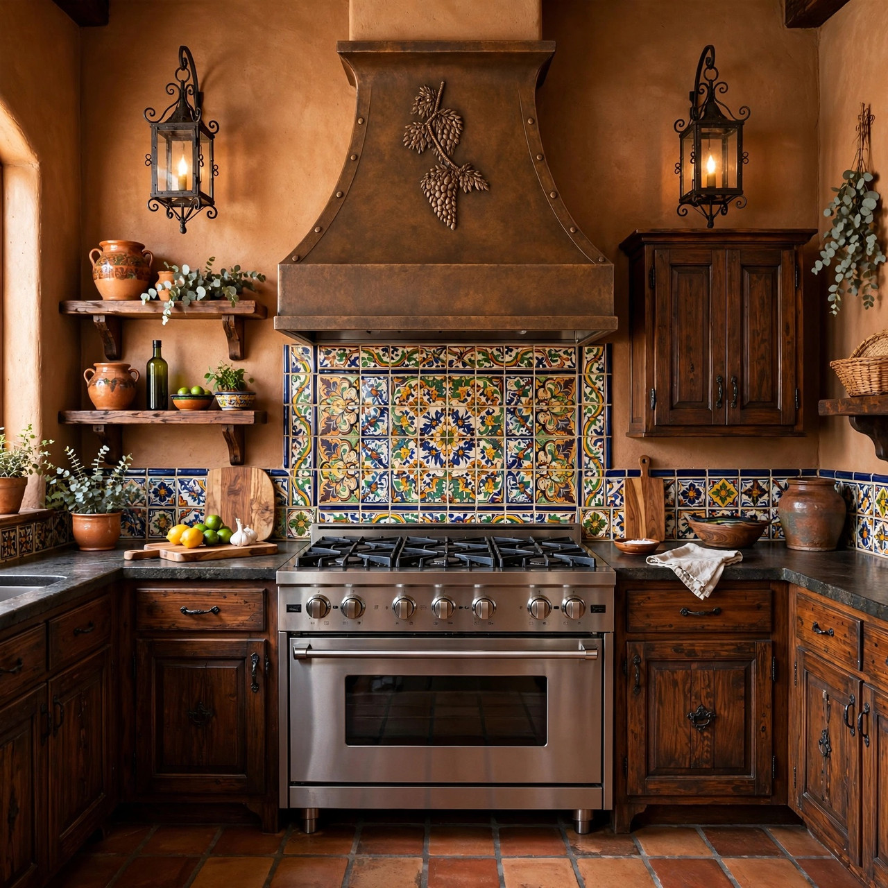 Hacienda kitchen with vineyard bell copper range hood, grapevine relief, and warm patina