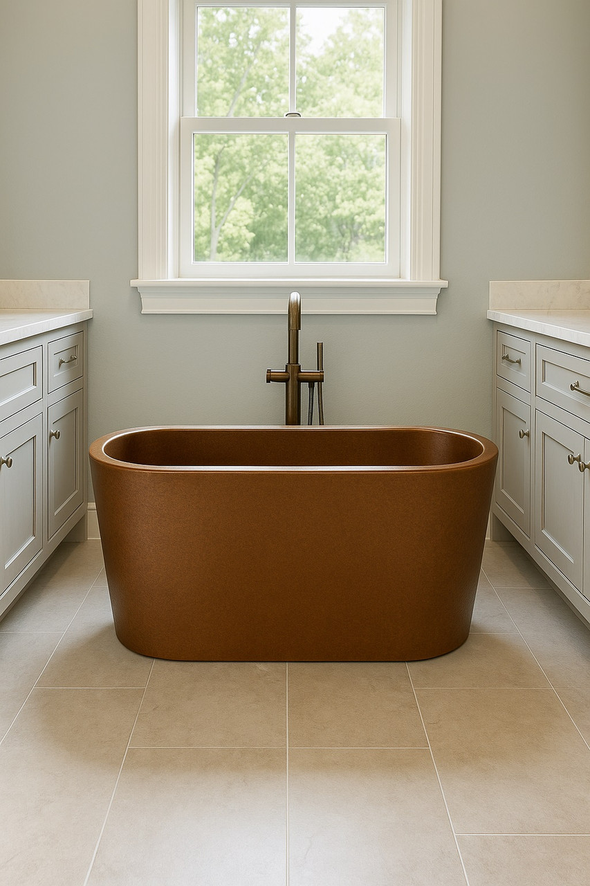 Oval double wall copper bathtub in a traditionally designed suburban bathroom