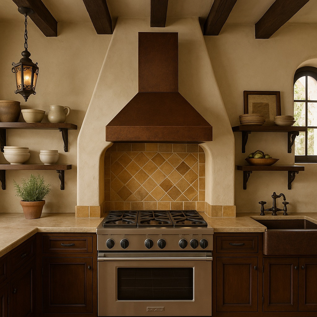 Tapered island hammered copper range hood in Spanish revival style kitchen