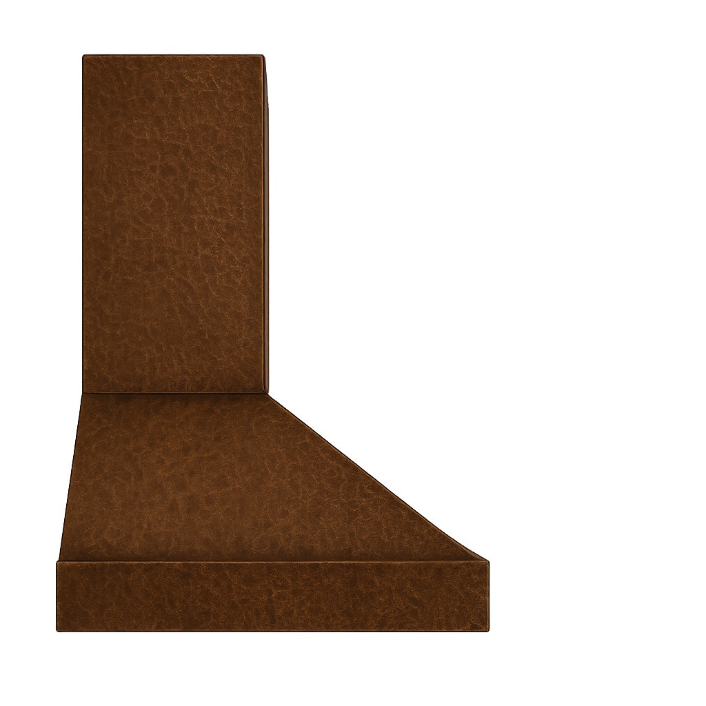 Side view of tall chimney copper range hood with sloped pyramid canopy and wall-mount profile