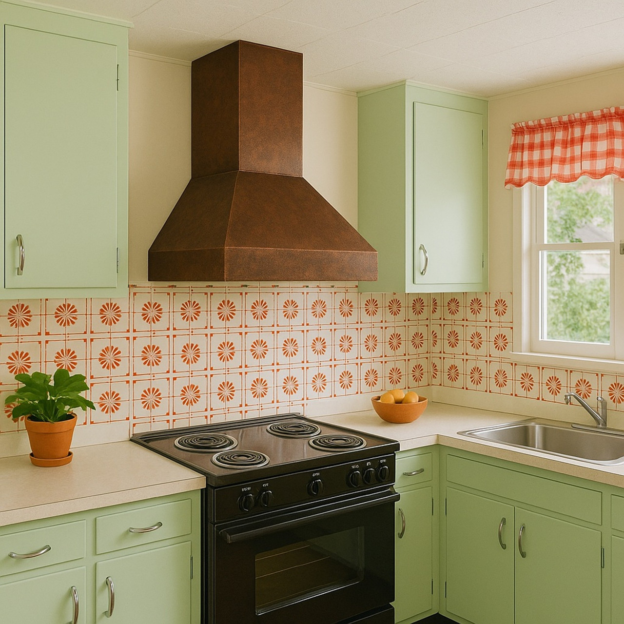 Modern wall-mount pyramid copper range hood in 1950s style kitchen with pastel cabinets, chrome accents and polished copper