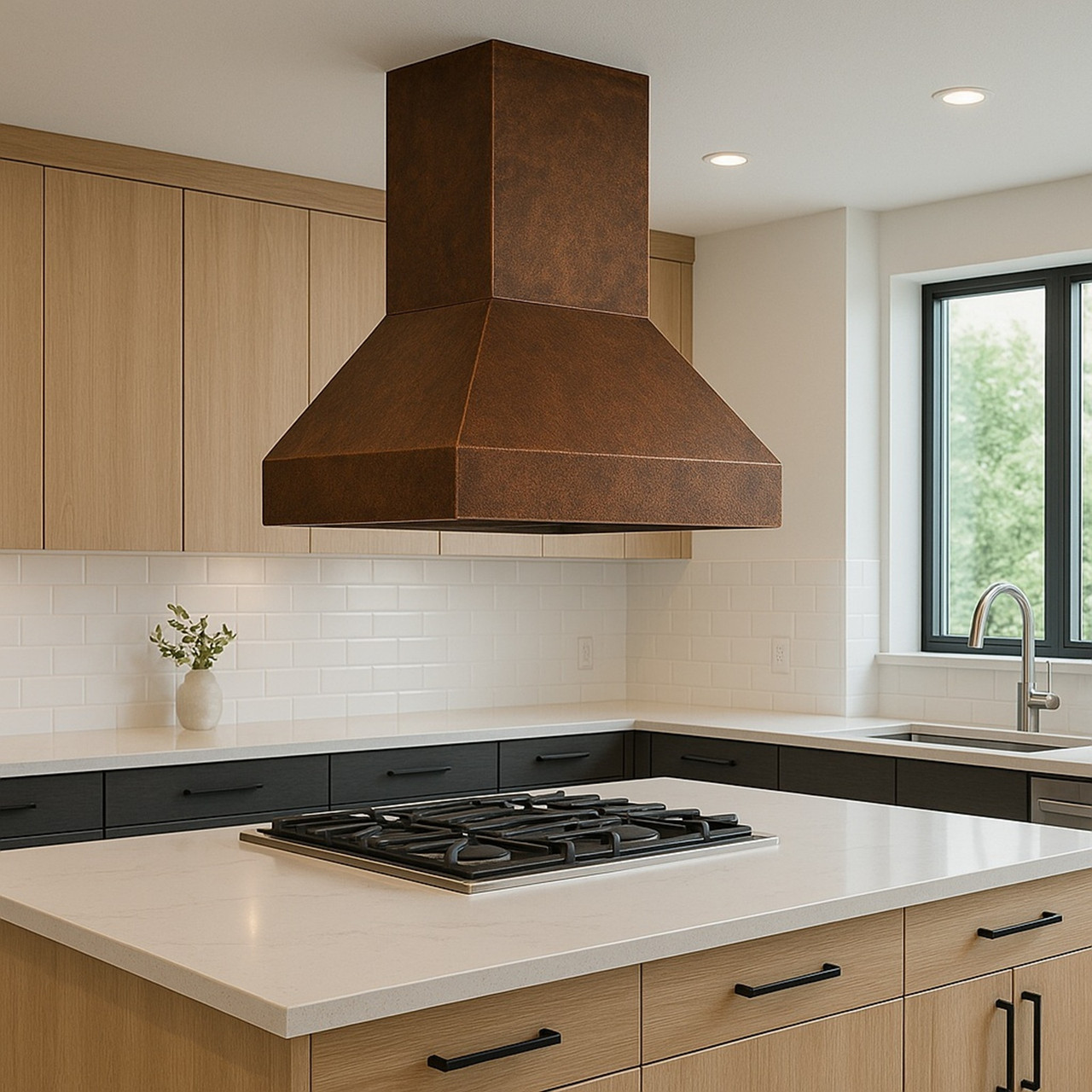 Tall chimney island style copper range hood in contemporary kitchen with slab cabinets, stone backsplash and dark patina