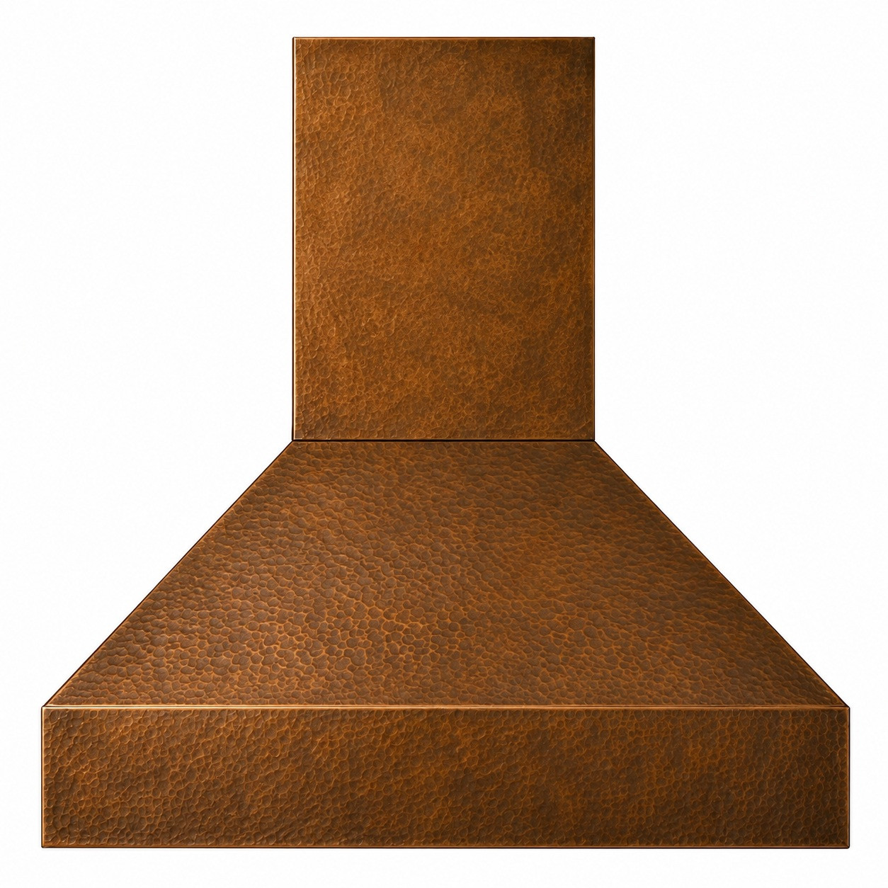 Tapered copper range hood with rectangular chimney, clean apron, and warm handmade patina