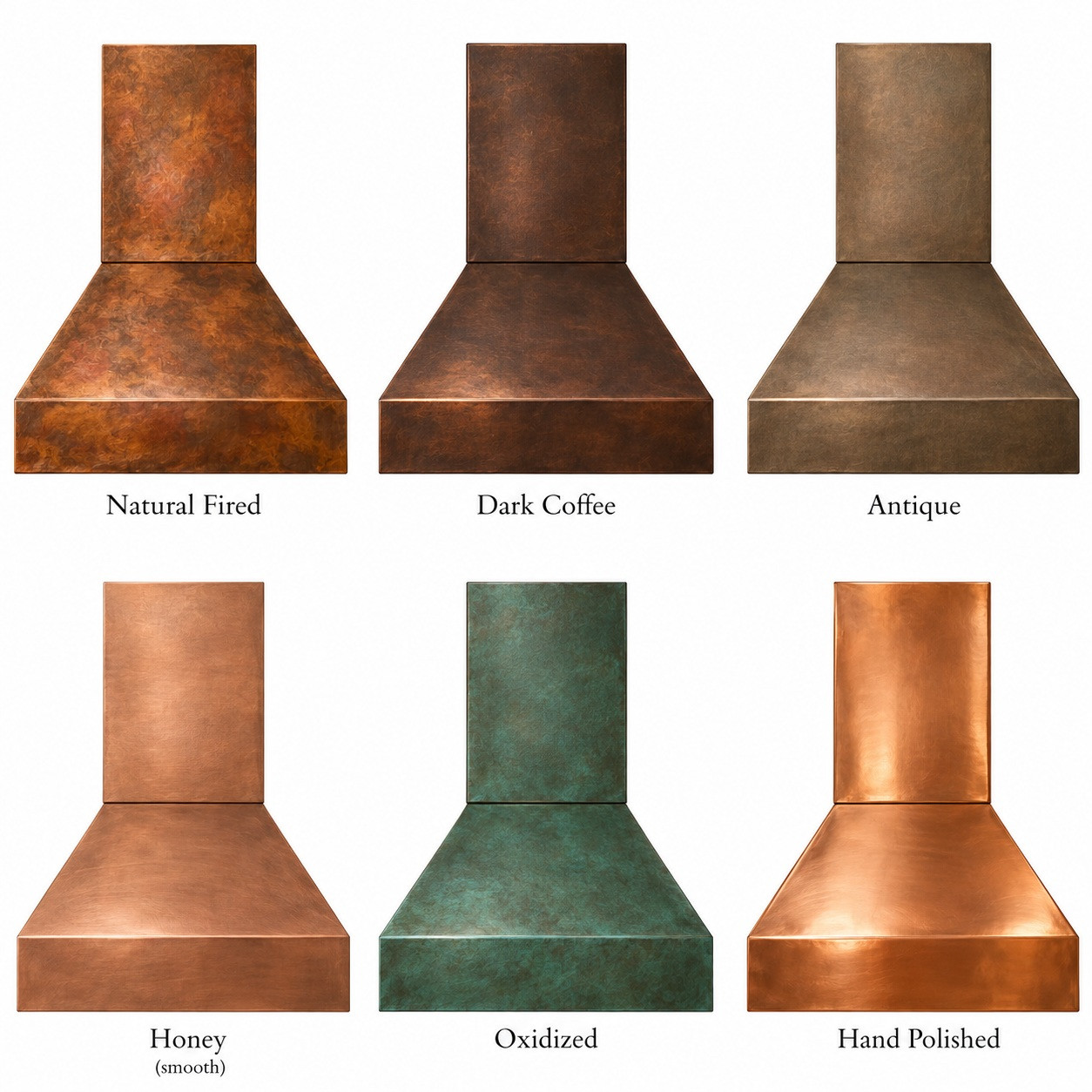 Copper patina finish options for tapered copper range hood with rectangular chimney