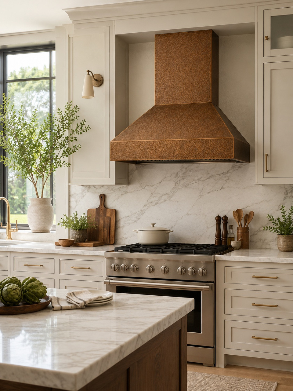 Transitional kitchen with tapered copper range hood and tall rectangular chimney