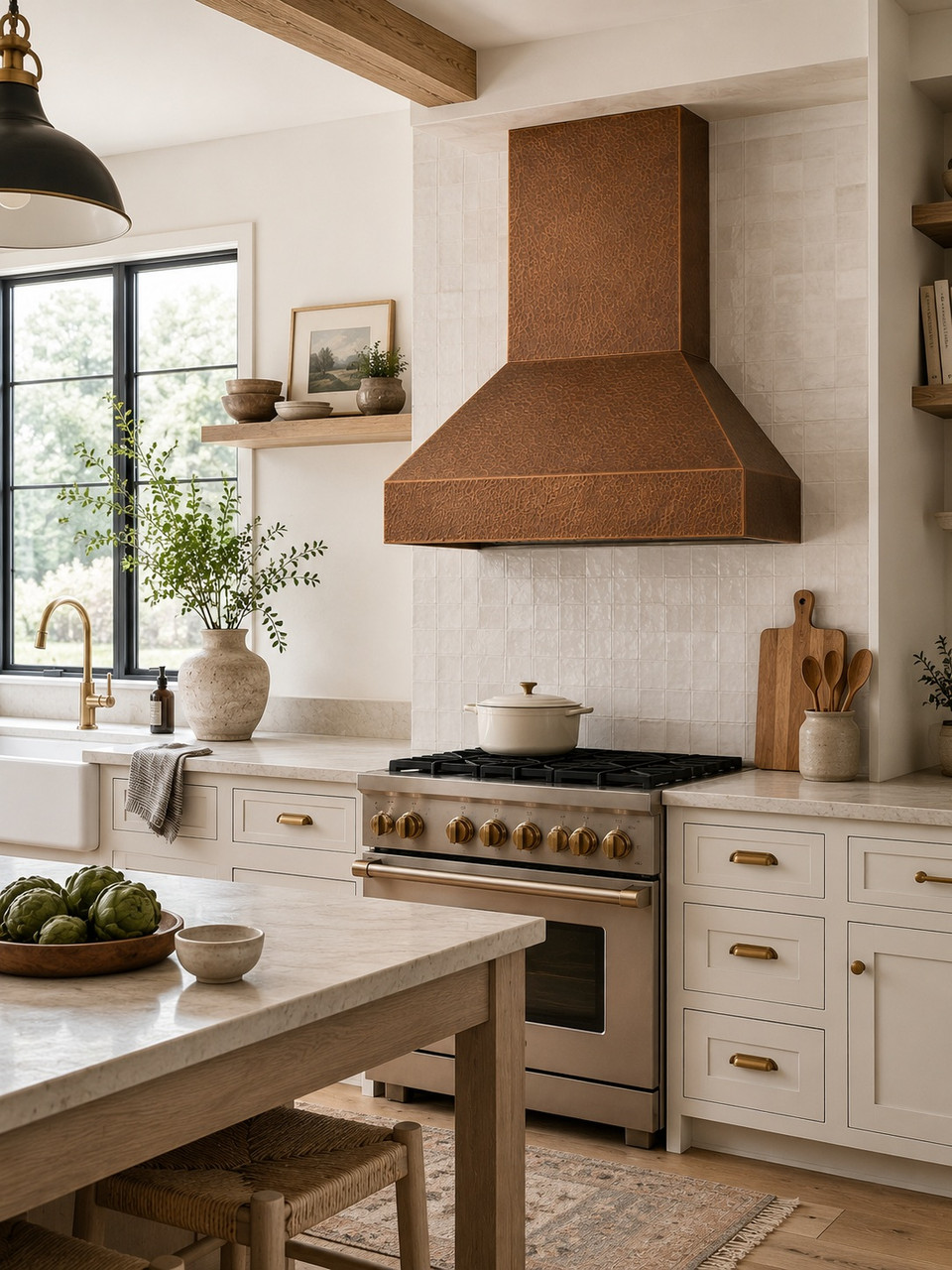 Modern farmhouse kitchen with tapered copper range hood, rectangular chimney, and warm patina