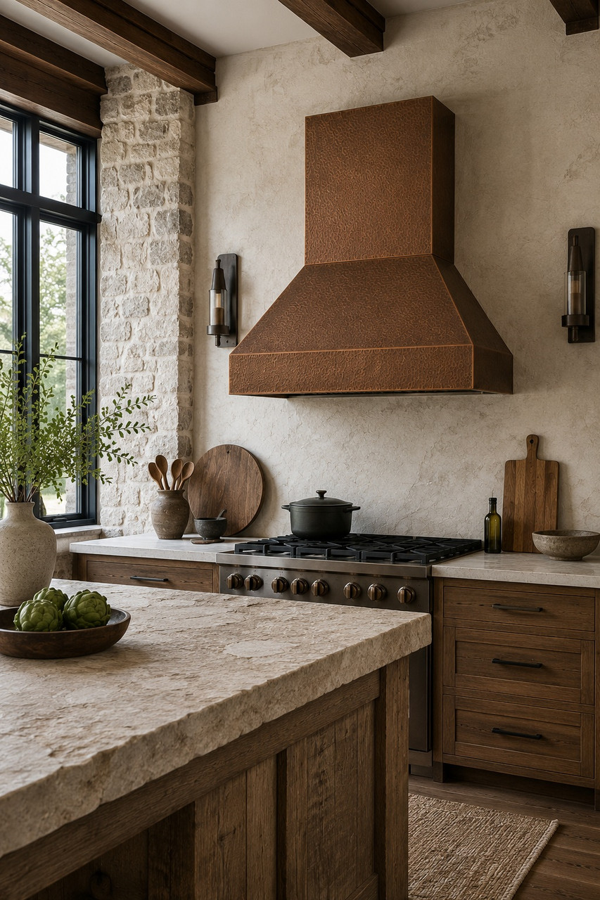Rustic contemporary kitchen with tapered copper range hood and rectangular chimney