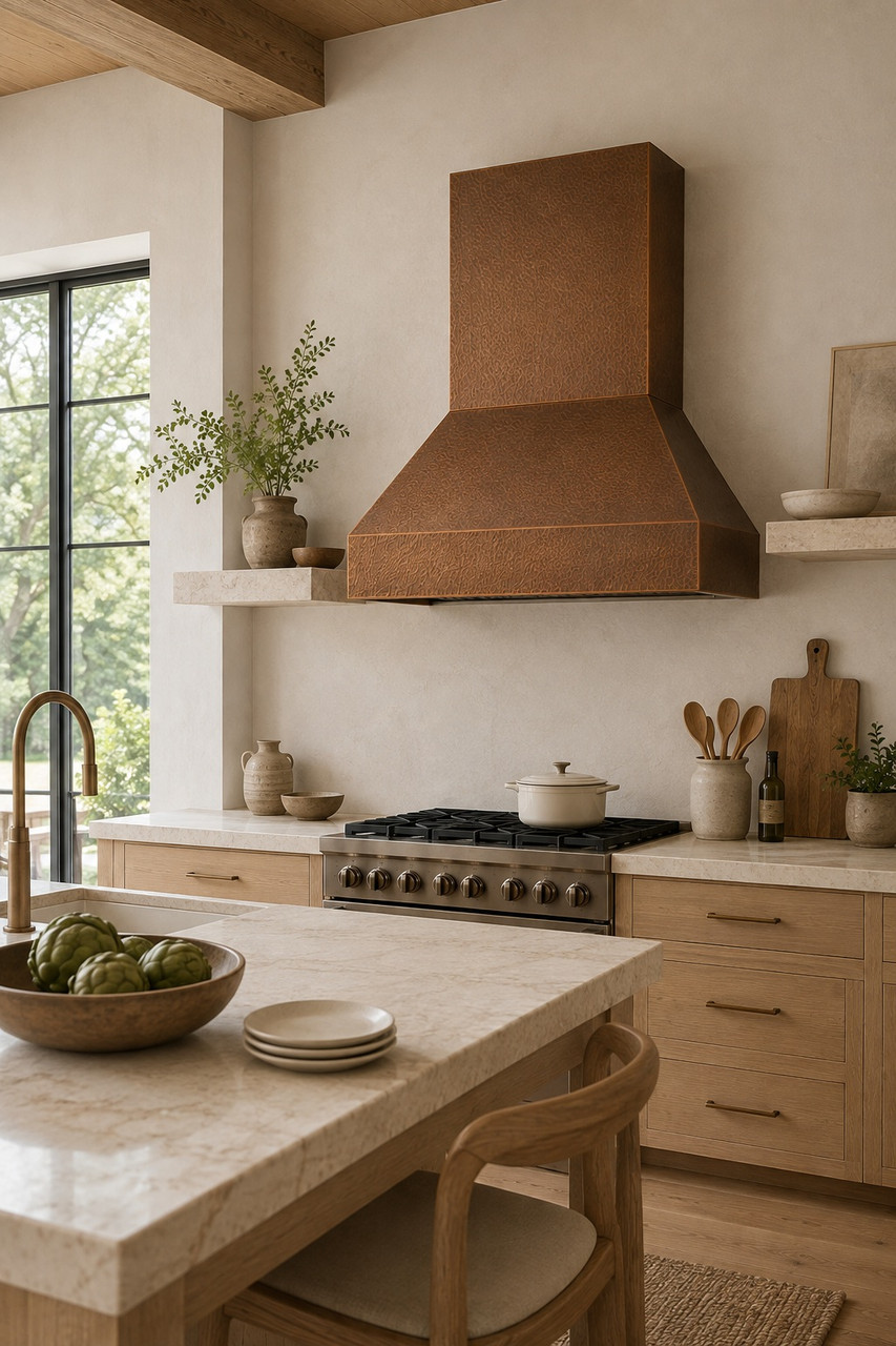 Organic modern kitchen with tapered copper range hood and clean rectangular chimney