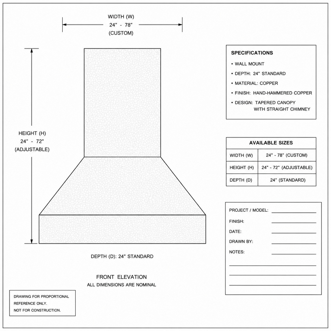 Blueprint drawing of tapered copper range hood with rectangular chimney and clean apron profile