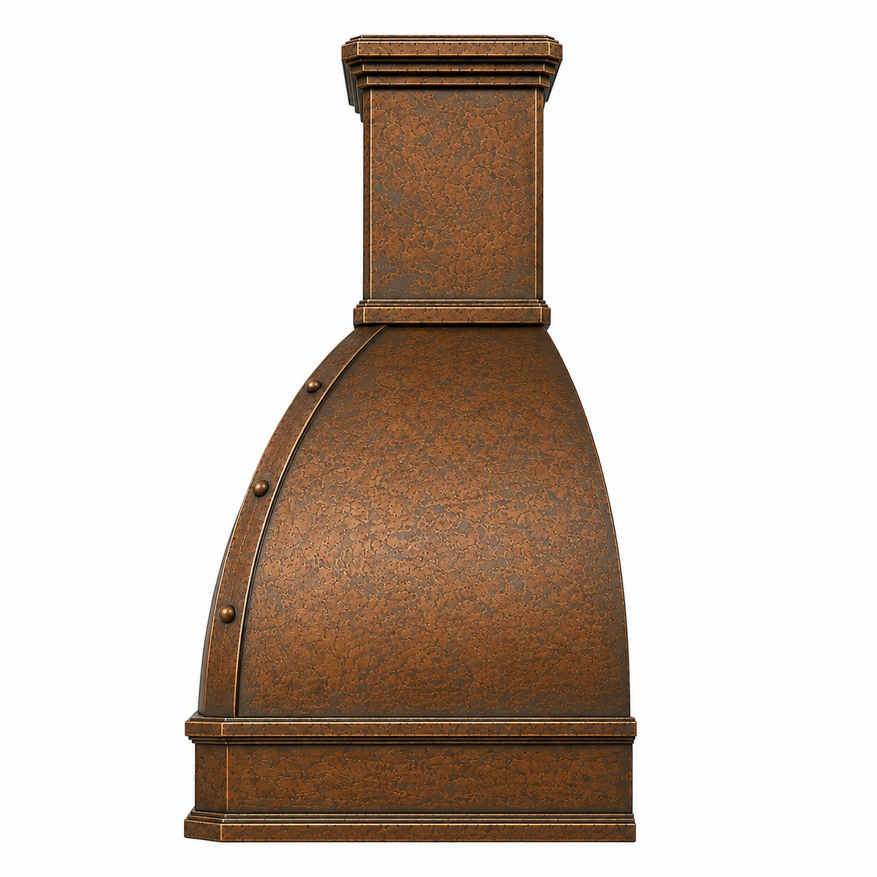 Hammered copper dome range hood with curved profile, riveted band and antique patina, side view