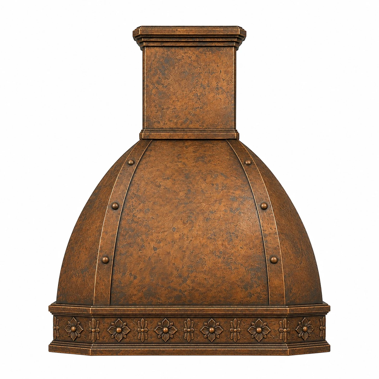 Mission copper range hood with rosette frieze, hammered texture, geometric canopy, and warm patina