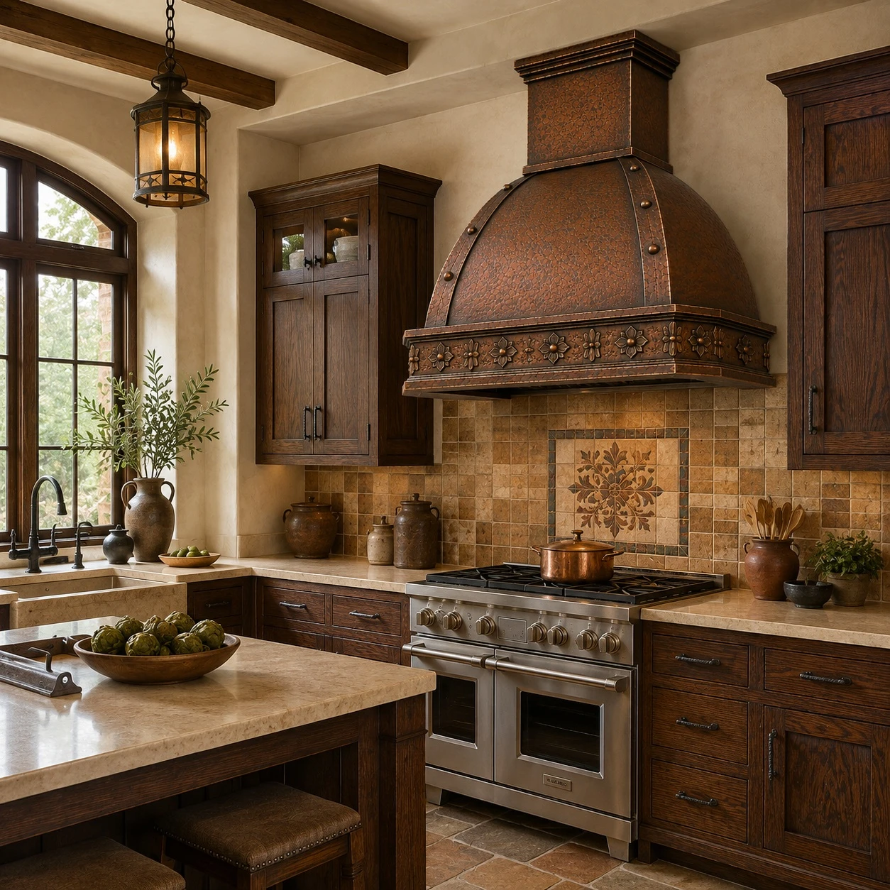 California Mission kitchen with mission copper range hood and rosette frieze