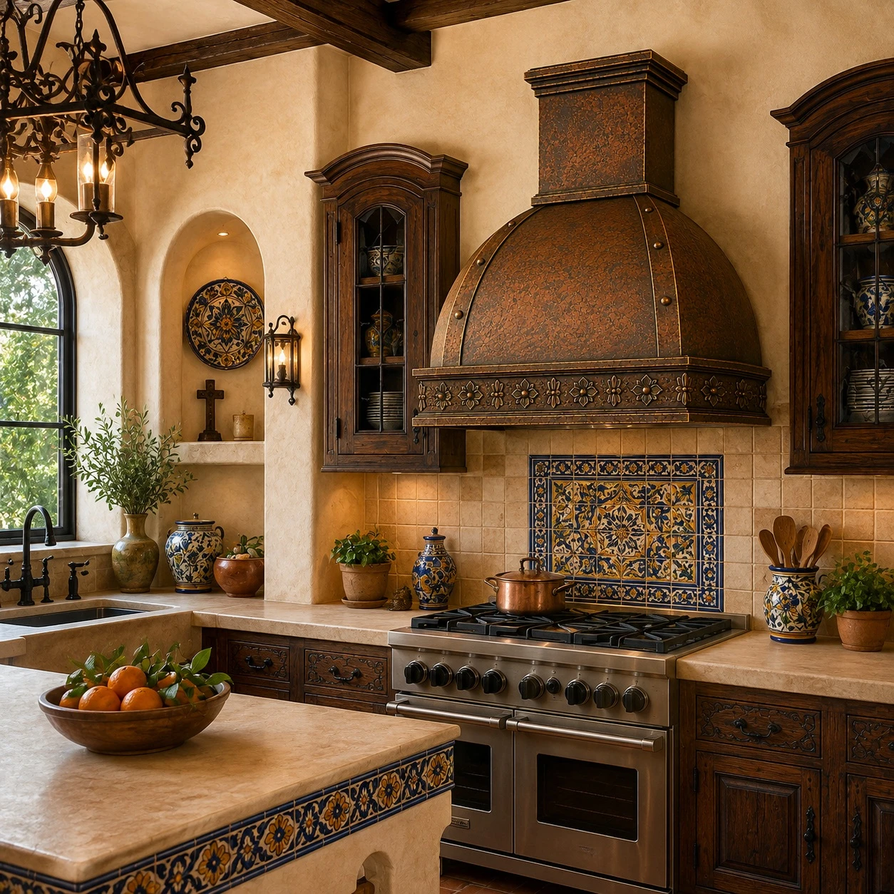 Copper dome range hood in Spanish Revival kitchen with dark wood cabinets, Talavera tile and warm plaster