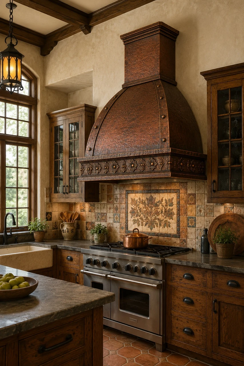 Arts and Crafts kitchen with mission copper range hood and rosette frieze detail