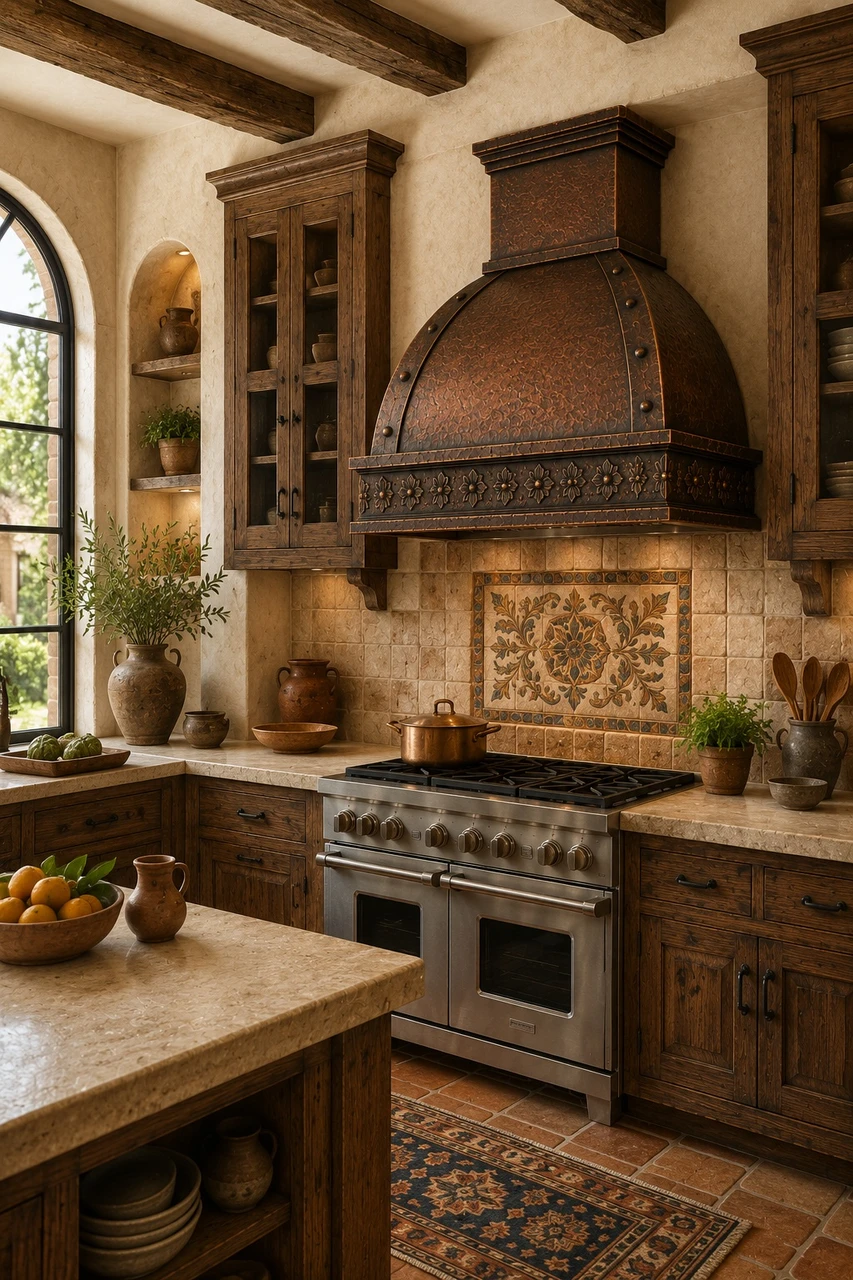 Rustic Mediterranean kitchen with mission copper range hood, rosette frieze, and aged finish
