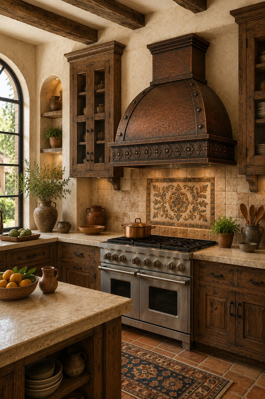 Copper dome range hood in Rustic Mediterranean kitchen with aged wood cabinets, limestone and terracotta