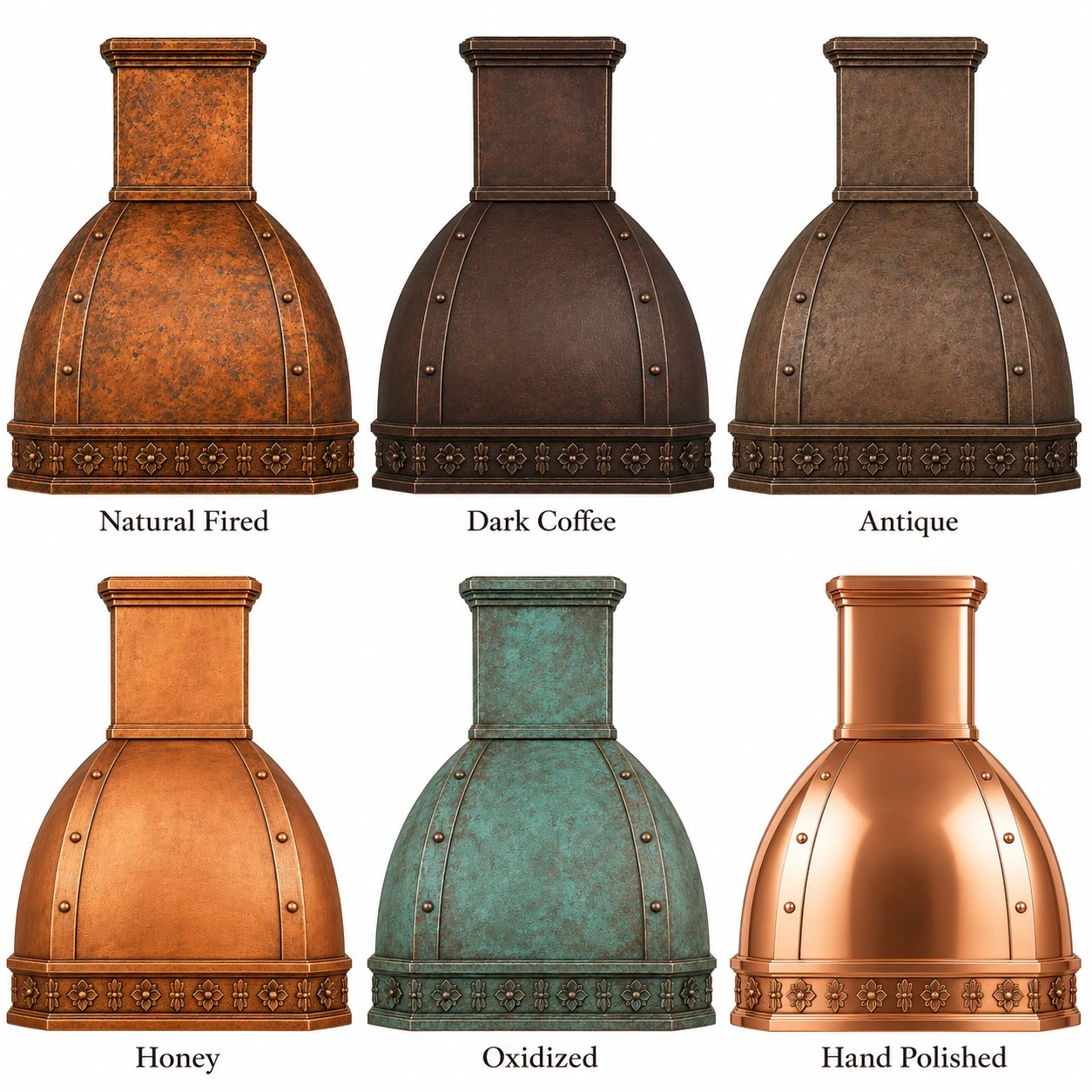 Copper patina finish options for Mission copper range hood with rosette frieze