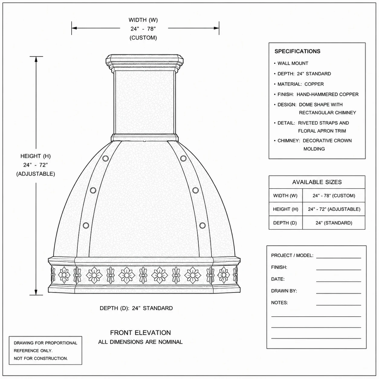 Technical drawing of domed copper range hood with rectangular chimney, riveted bands and floral apron