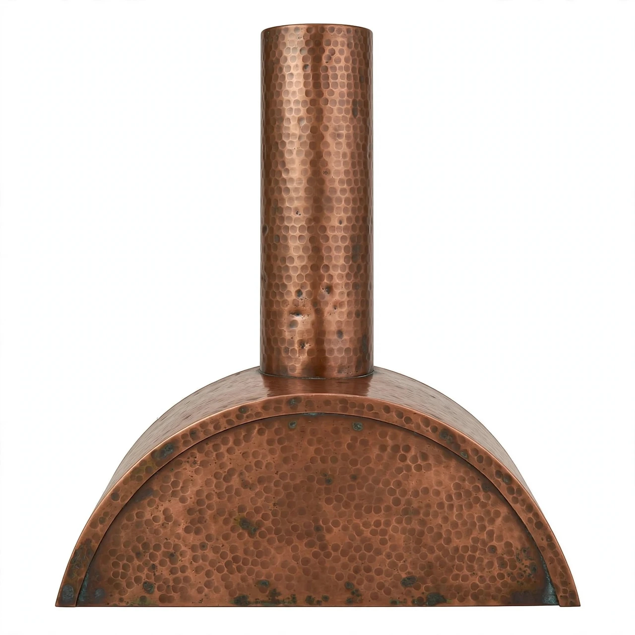 Contemporary copper range hood with barrel canopy, round chimney, and hand-hammered antique finish