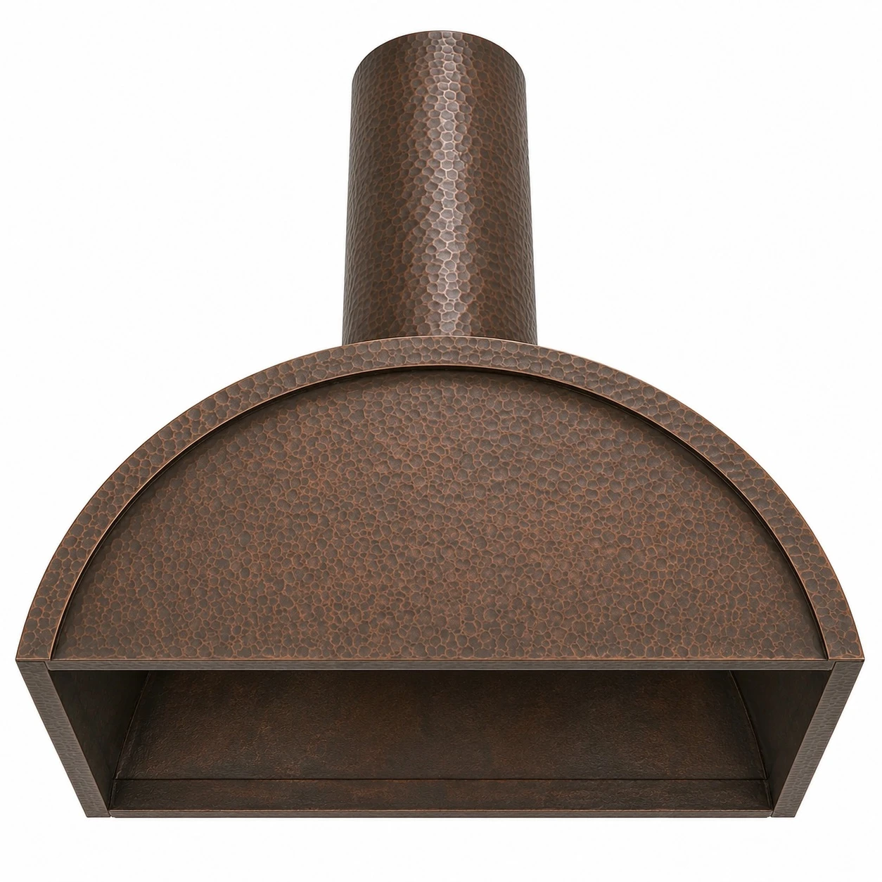 Underside of copper barrel range hood showing open cavity for buyer-supplied ventilation insert