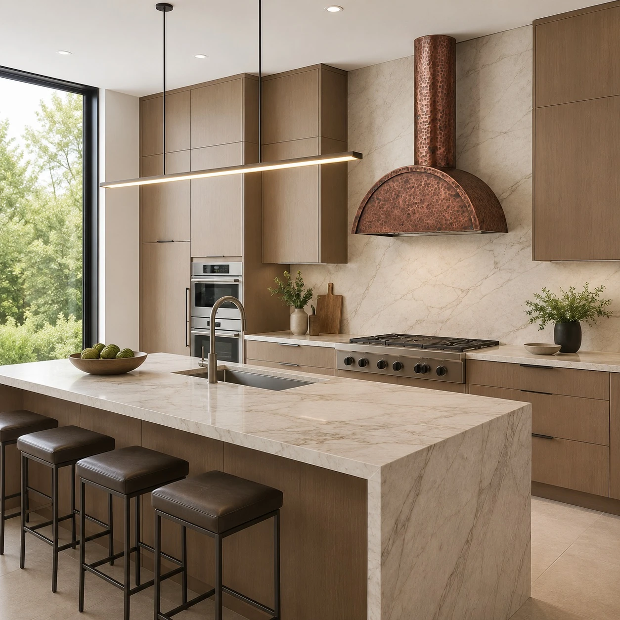 Contemporary kitchen with copper range hood, barrel canopy, and round chimney
