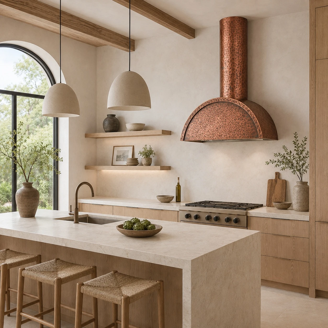 Organic kitchen with copper barrel canopy range hood and round chimney