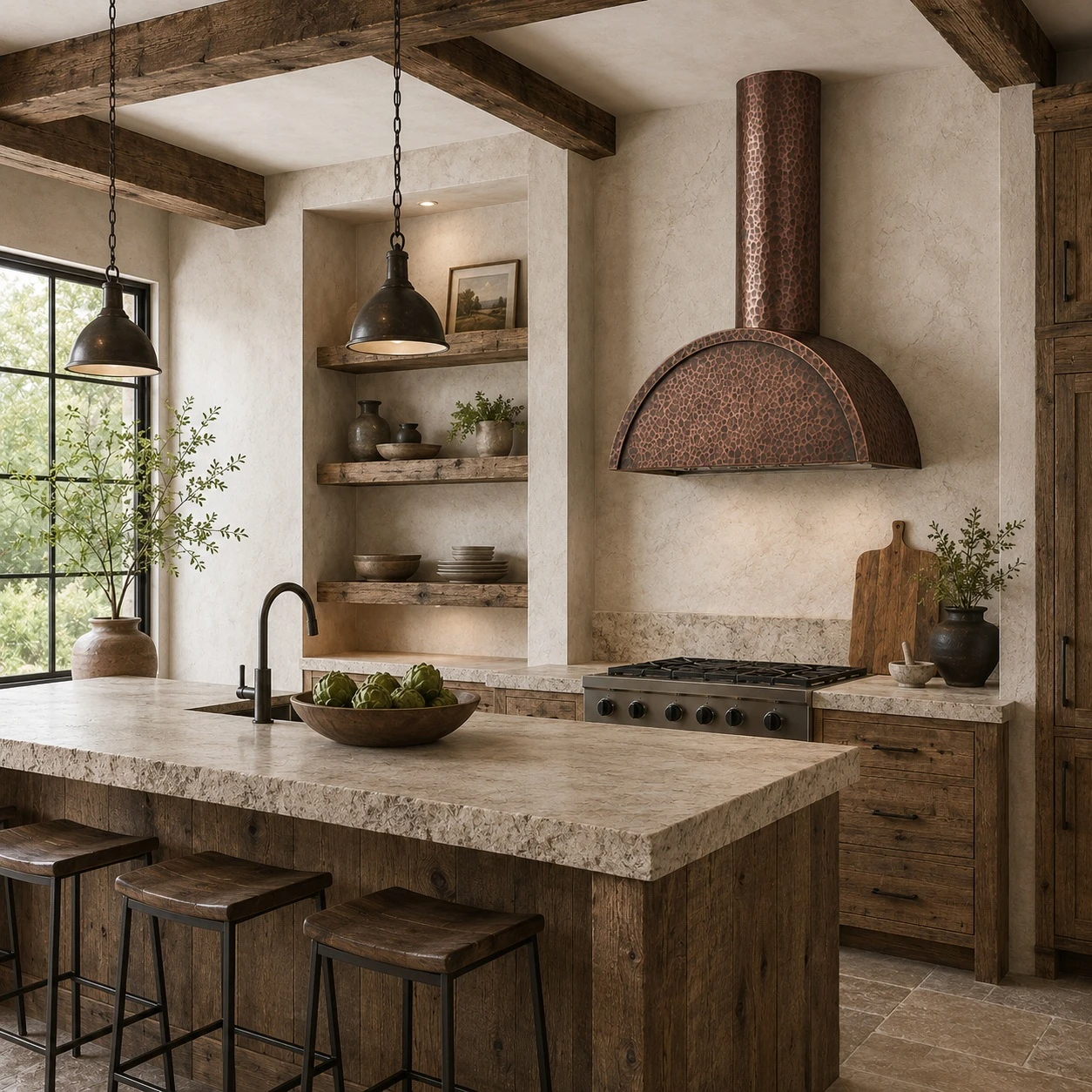 Rustic kitchen with copper barrel canopy range hood, round chimney, and warm patina