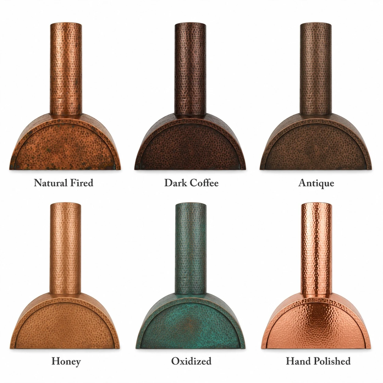 Copper patina finish options for barrel canopy range hood with round chimney
