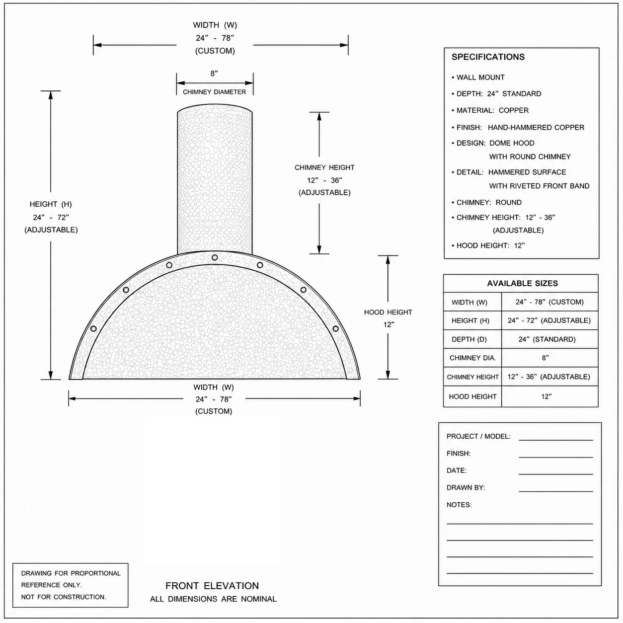 Proportional drawing of copper range hood with barrel canopy and round chimney