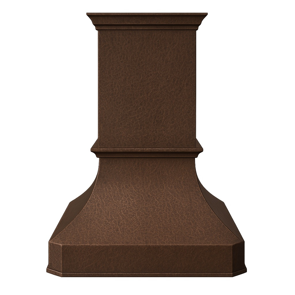High ceiling island copper range hood front view, tall hammered copper canopy with dark rustic patina and extended chimney silhouette