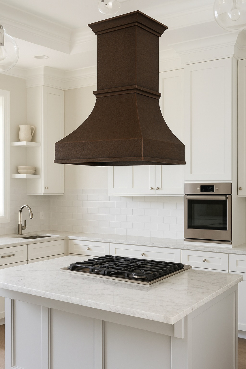 High ceiling island copper range hood in large transitional style kitchen