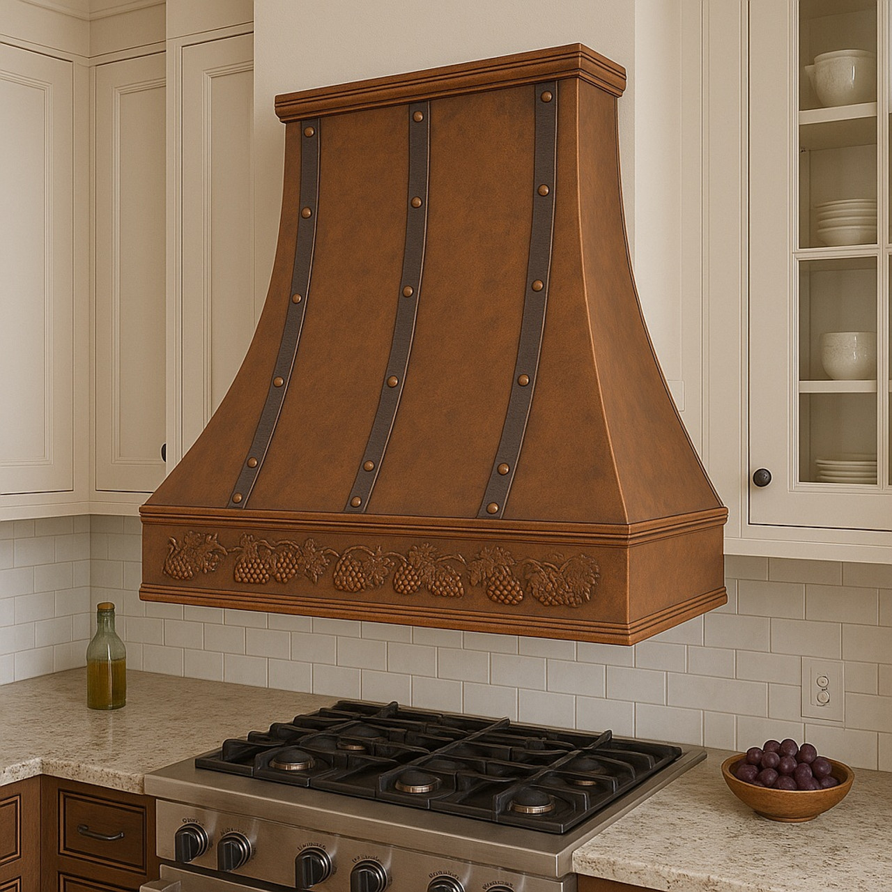 Custom copper transitional kitchen style range hood