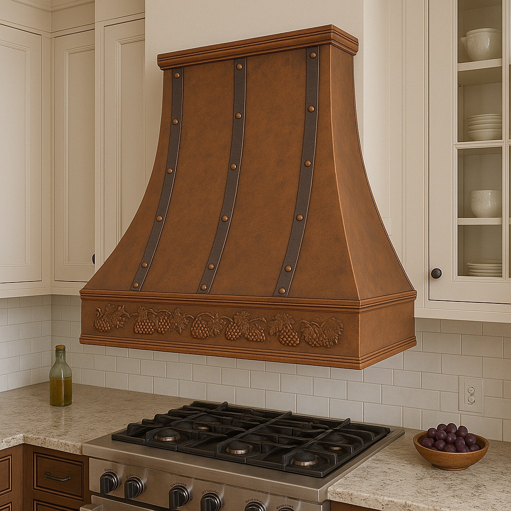 Transitional kitchen with a custom copper range hood