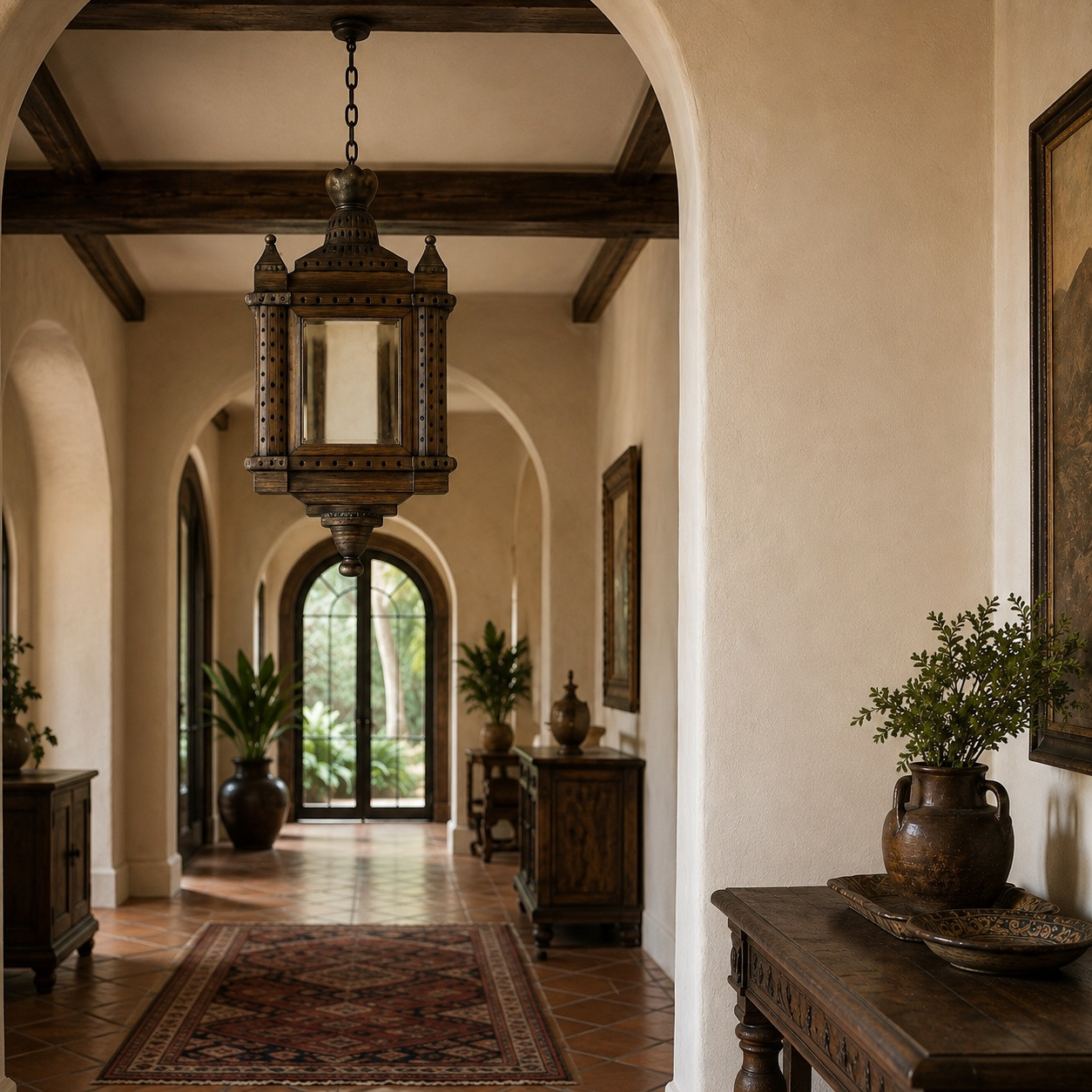 Decorative moorish pendant lamp in a Spanish Revival hallway with arches and warm stucco walls