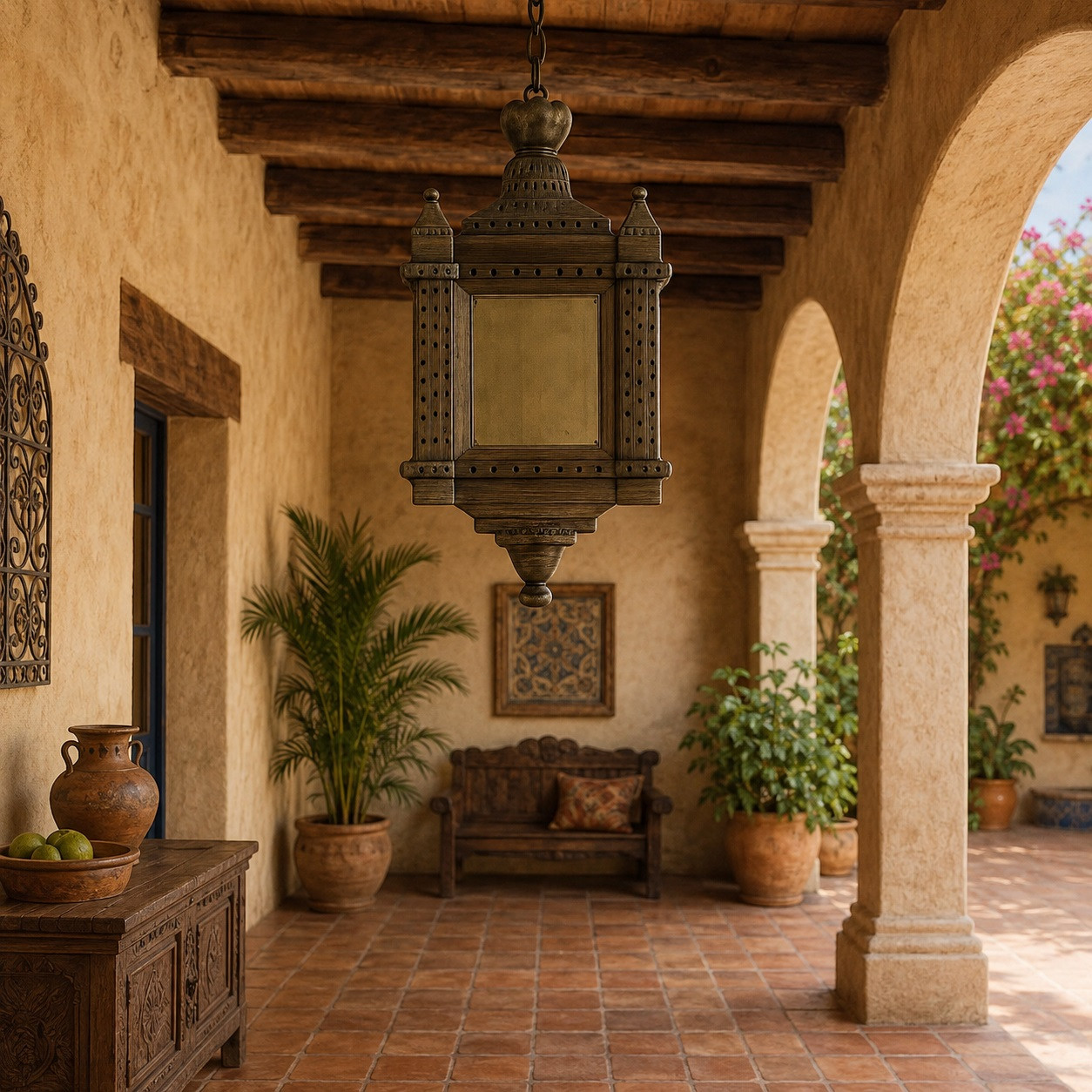 Decorative moorish pendant lamp in a warm hacienda patio with arches and rustic wood accents