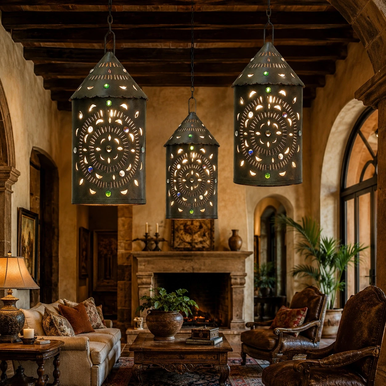Mexican punched tin lantern with colorful glass crystals in a hacienda living room