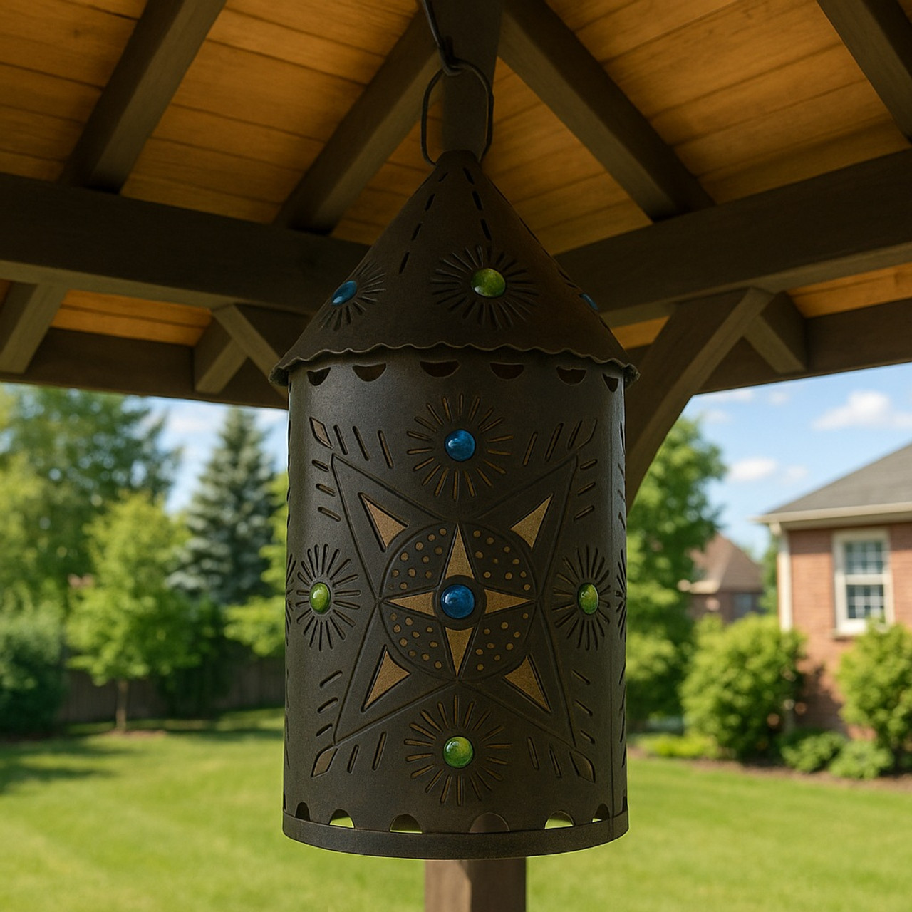 Rustic Punched Metal Lantern with Star Design