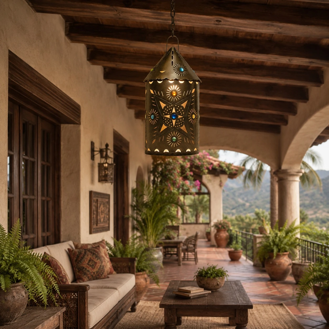 Punched metal lantern with colorful glass accents on a covered terrace with timber beams
