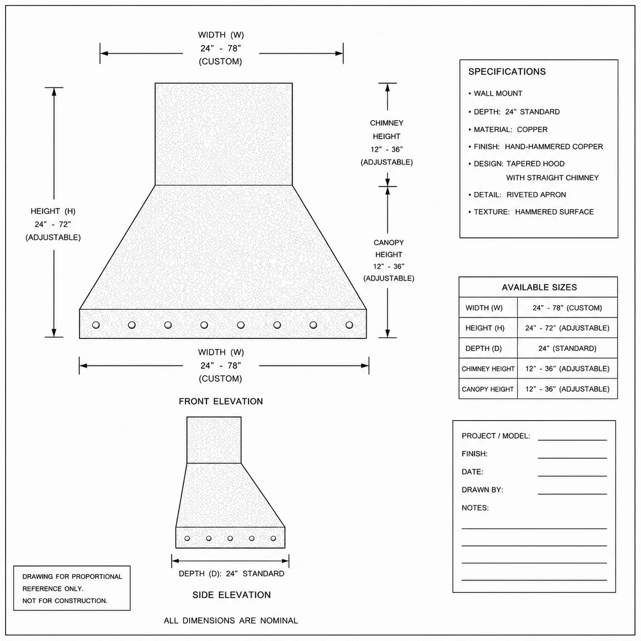 Proportional drawing of tapered copper range hood with riveted apron and sloped canopy