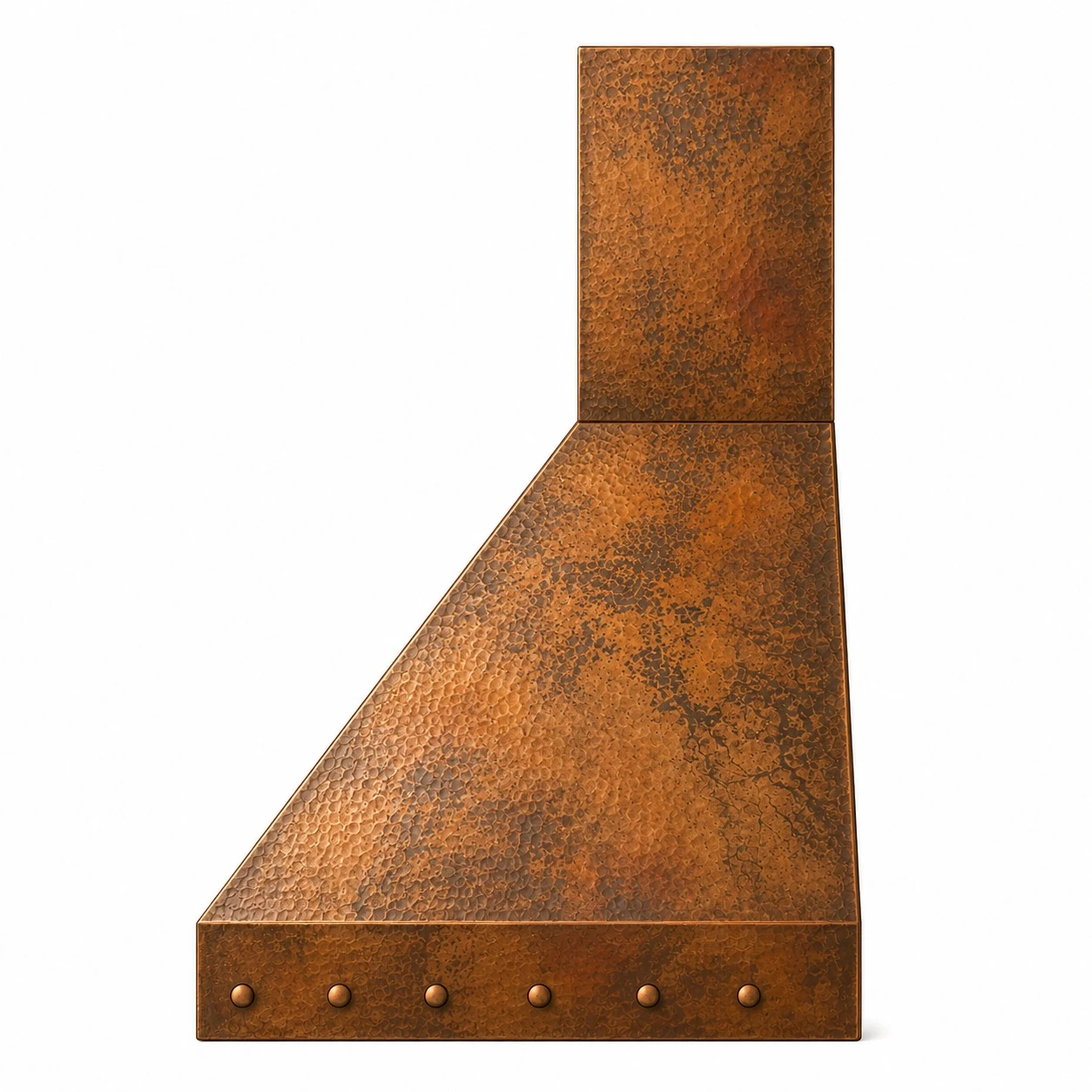Custom tapered copper range hood side view showing hammered texture, antique patina, and tapered canopy