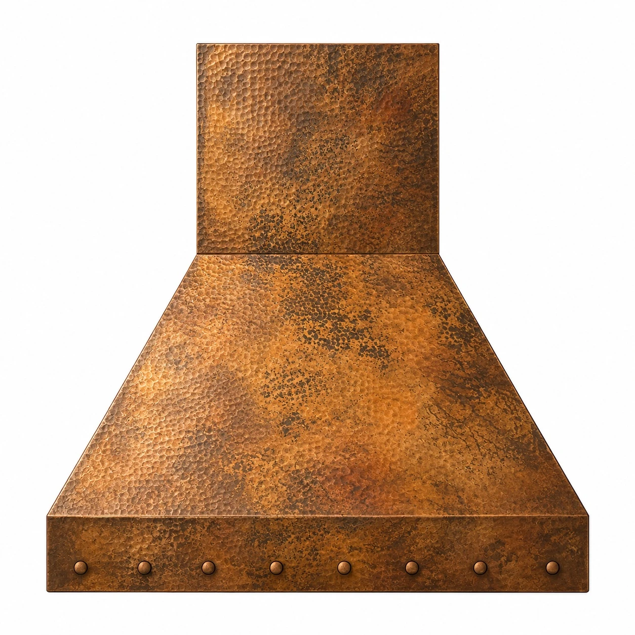 Custom tapered copper range hood with hand-hammered texture, antique patina, and riveted apron