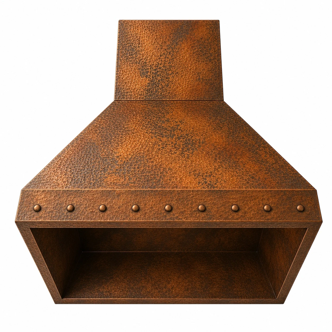 Custom tapered copper range hood underside showing the hollow shell prepared for a ventilation insert