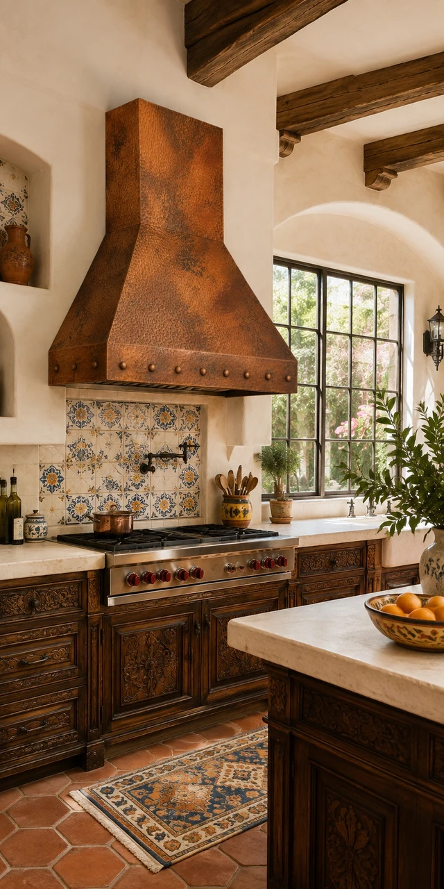 Spanish Colonial kitchen with tapered copper range hood and riveted apron