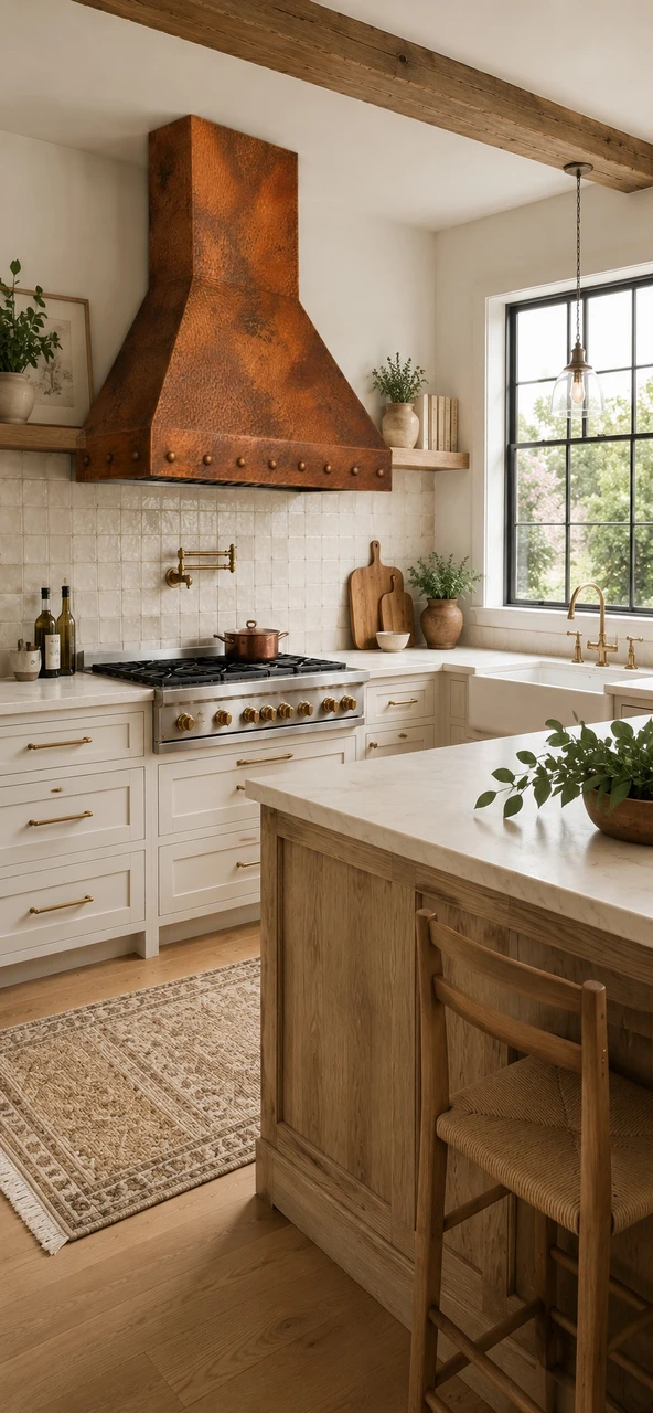 Modern farmhouse kitchen with tapered copper range hood, riveted apron, and warm patina
