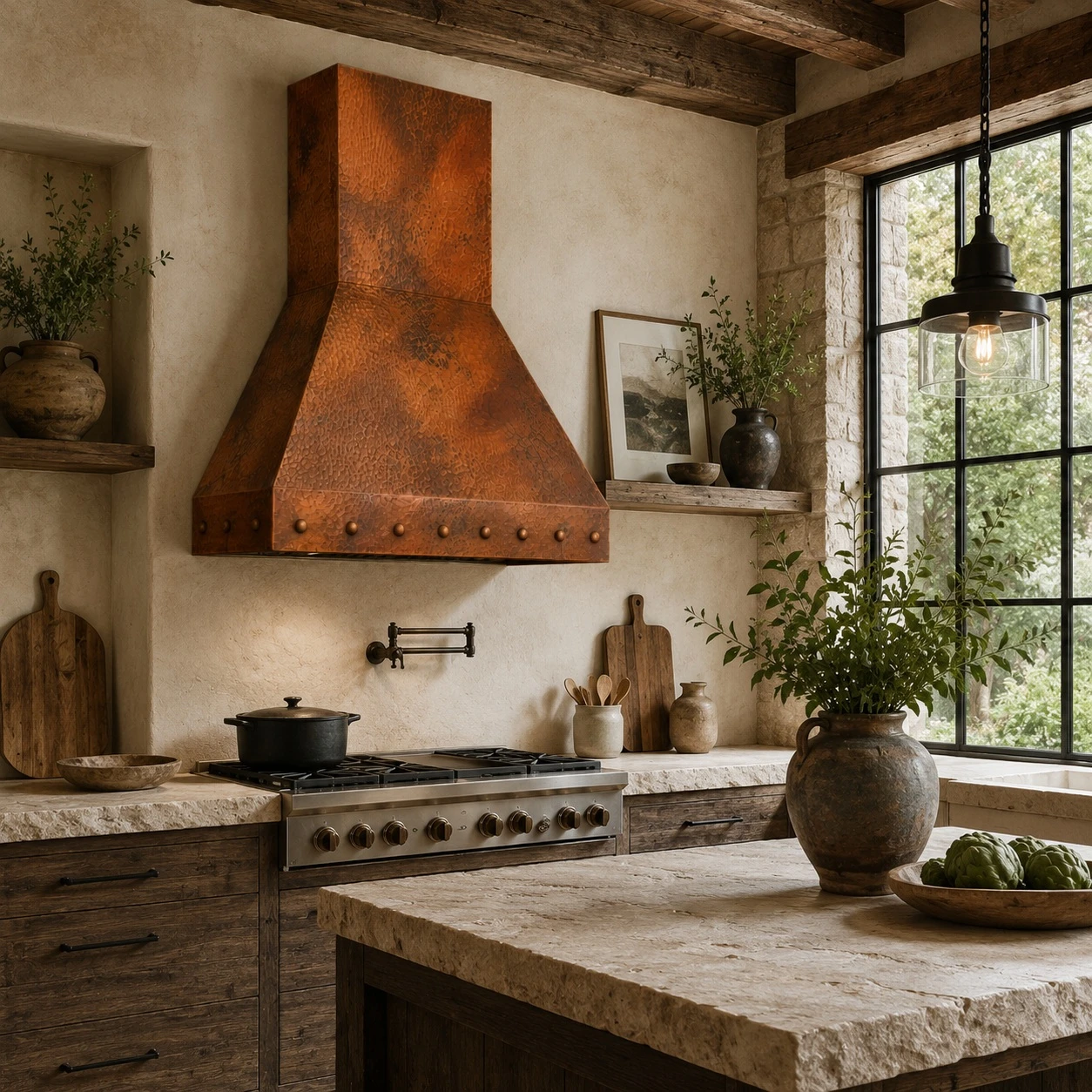 Rustic contemporary kitchen with tapered copper range hood and riveted lower apron