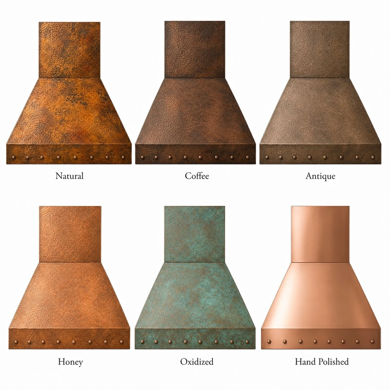 Copper patina finish options for tapered copper range hood with riveted apron