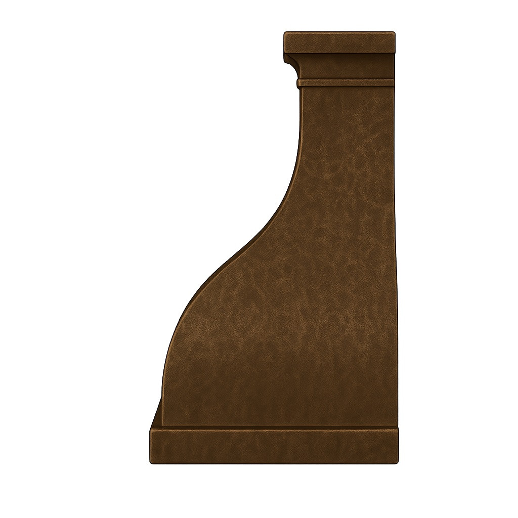 Custom oversized copper exhaust hood profile with sculpted tapered form and hand worked surface detailing