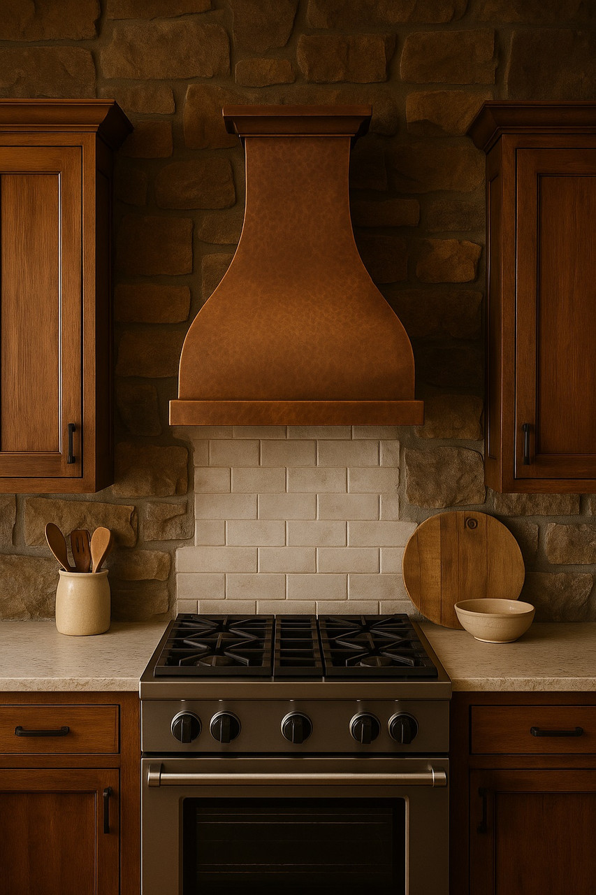 Large custom hammered copper kitchen range hood in rustic kitchen, handcrafted copper centerpiece above rugged stone backsplash and exposed timber beams